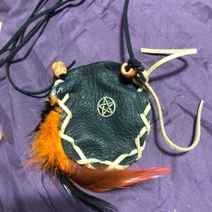 Black Leather Pouch with Orange Feather Accents